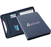 Corporate branded Lincoln Zipped Conference Folders in navy blue from GoPromotional