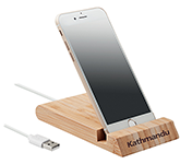 Corporate branded Orion Bamboo Wireless Phone Stand Chargers at GoPromotional