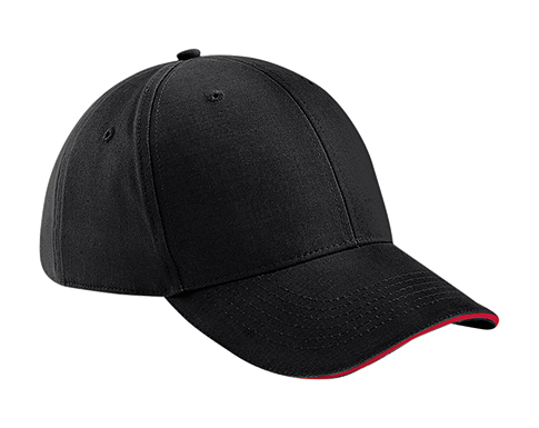 Beechfield Athletic Leisure 6 Panel Caps - Black/Red