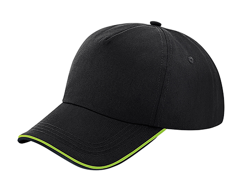 Beechfield Authentic 5 Panel Piped Peak Caps - Black/Lime