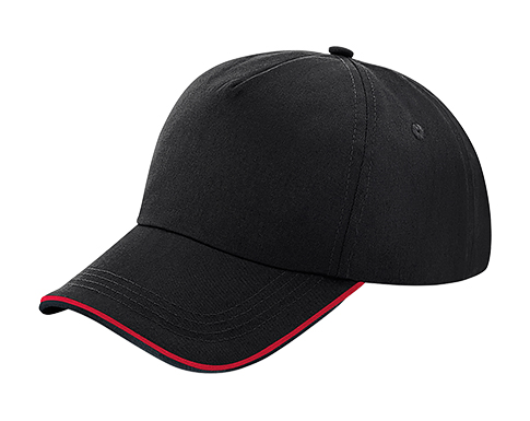 Beechfield Authentic 5 Panel Piped Peak Caps - Black/Red