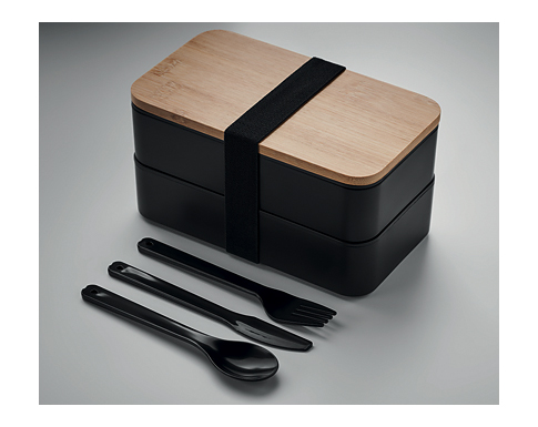 Saltash Two Tier Lunch Box & Cutlery Set - Black